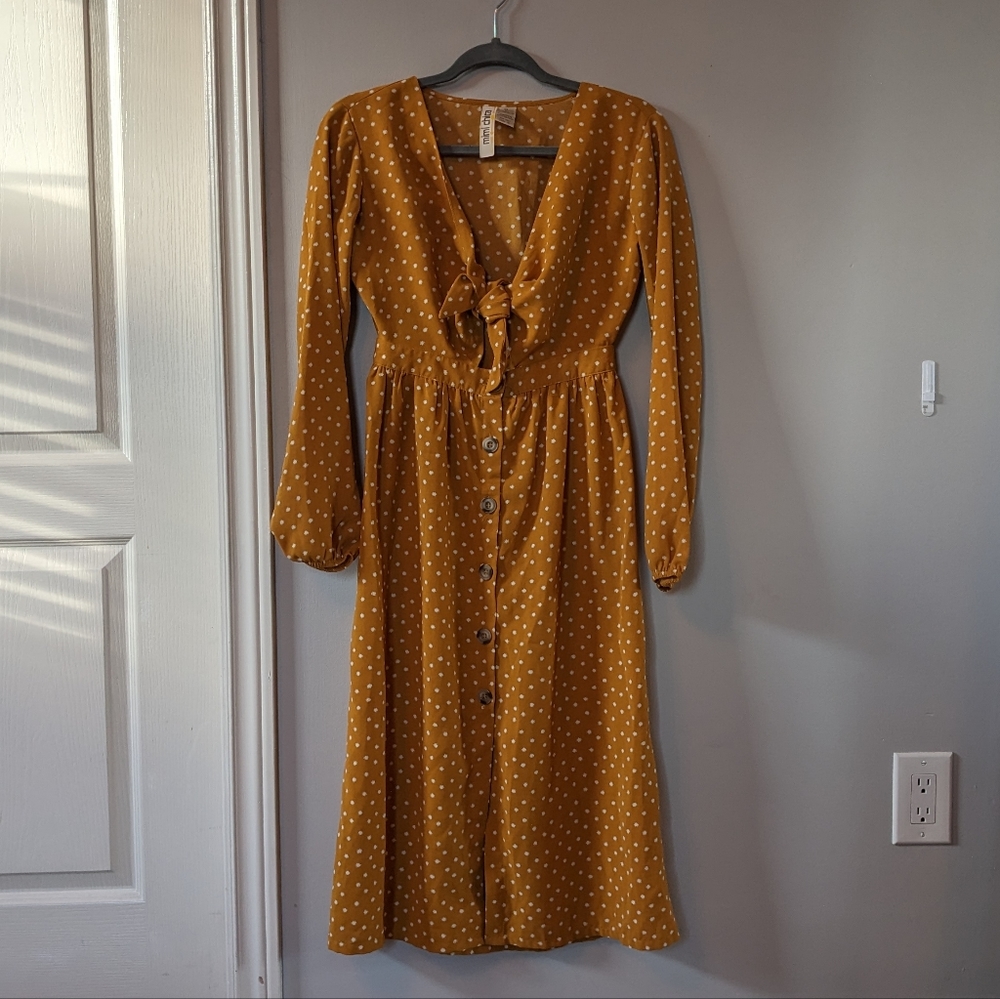 Front Tie Polka Dot Button Up Dress